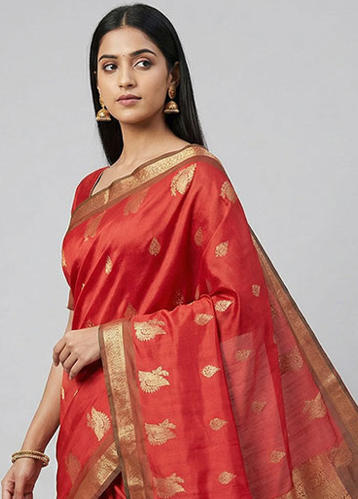 Red Handloom Kanchipuram Pure Silk Saree With Blouse Piece