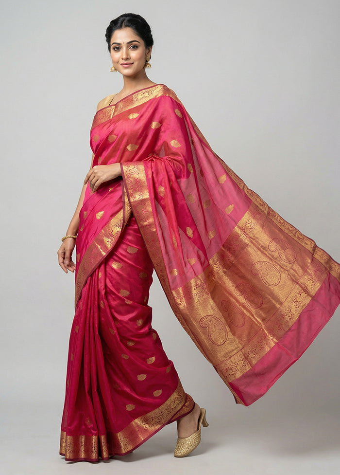 Pink Handloom Kanchipuram Pure Silk Saree With Blouse Piece