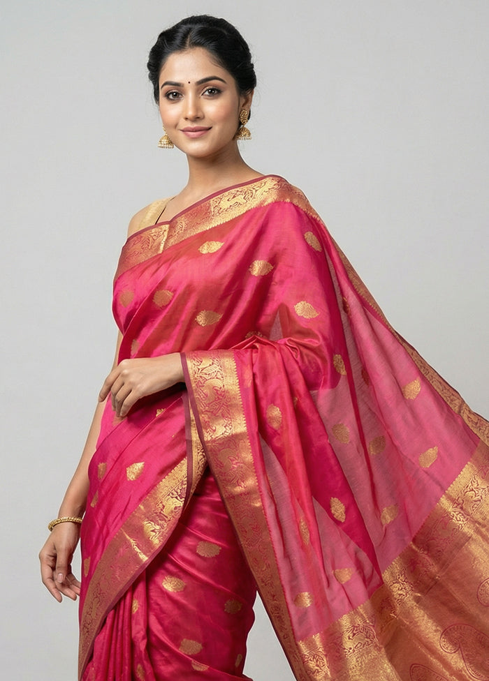 Pink Handloom Kanchipuram Pure Silk Saree With Blouse Piece