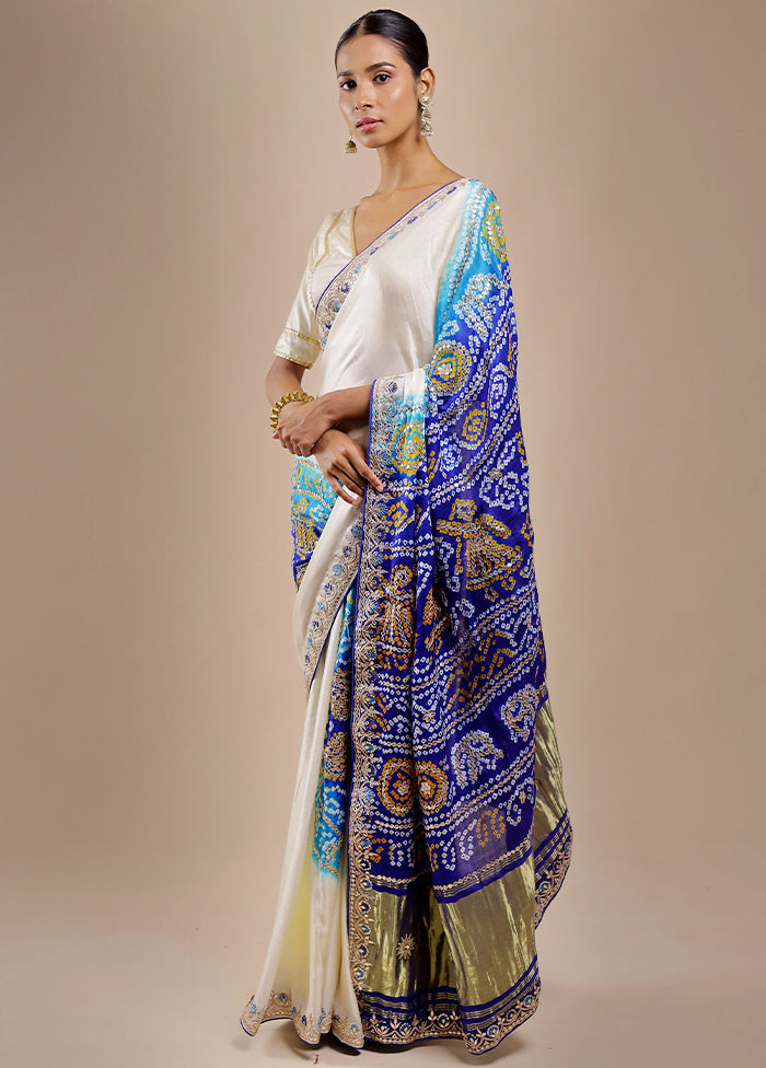 White Bandhej Pure Silk Saree Without Blouse Piece