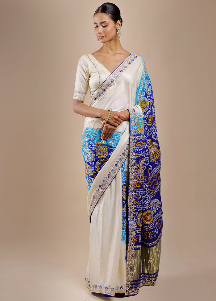 White Bandhej Pure Silk Saree Without Blouse Piece