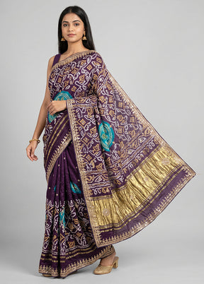 Purple Bandhej Silk  Saree With Blouse Piece