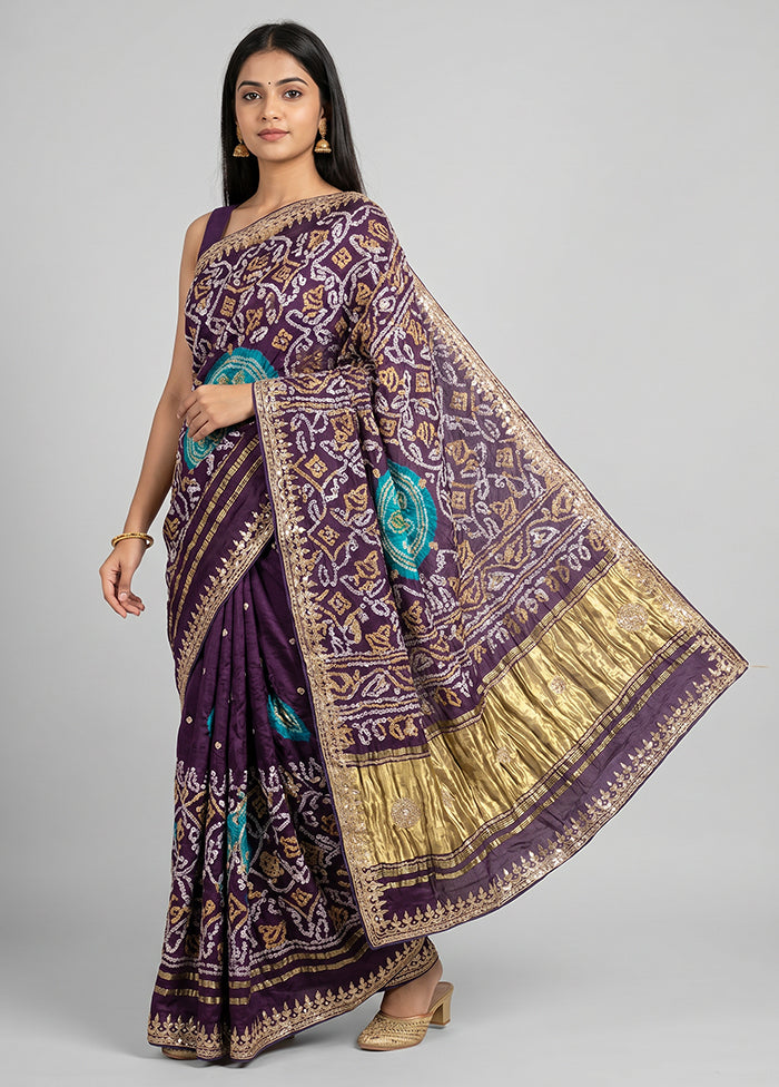 Purple Bandhej Silk  Saree With Blouse Piece