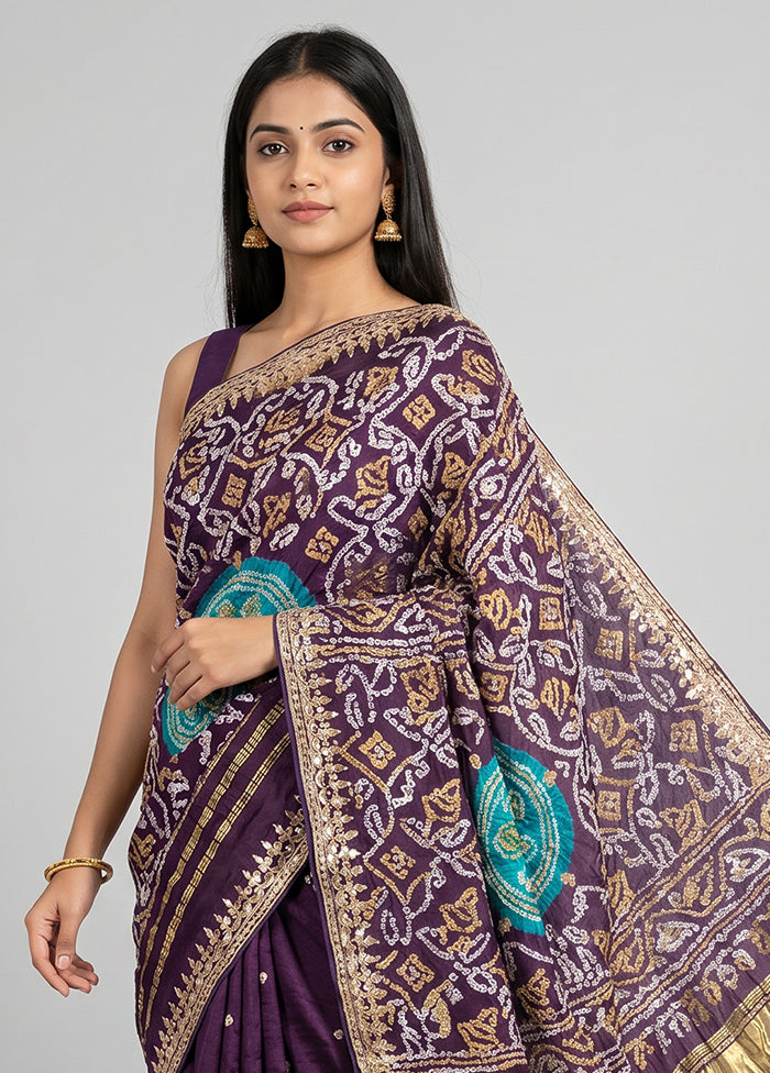 Purple Bandhej Silk  Saree With Blouse Piece