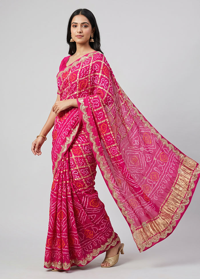 Pink Bandhej Silk  Saree With Blouse Piece