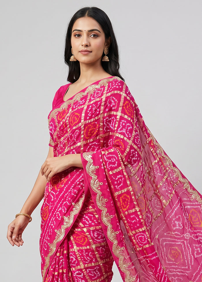 Pink Bandhej Silk  Saree With Blouse Piece