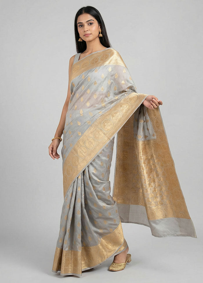 Grey Banarasi Silk Saree With Blouse Piece