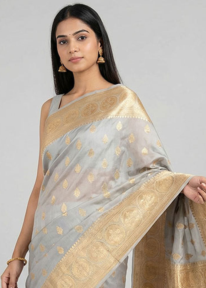 Grey Banarasi Silk Saree With Blouse Piece