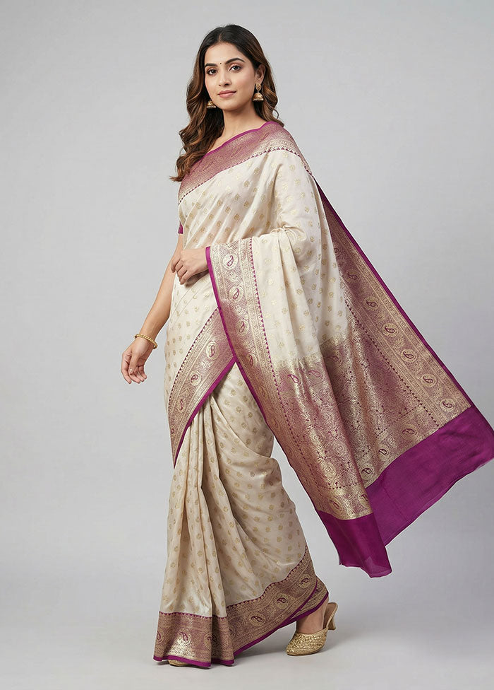 White Banarasi Silk Saree With Blouse Piece