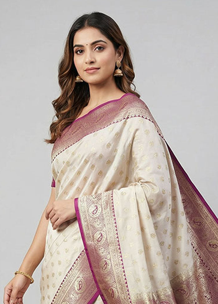 White Banarasi Silk Saree With Blouse Piece