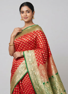 Red Banarasi Silk Saree With Blouse Piece