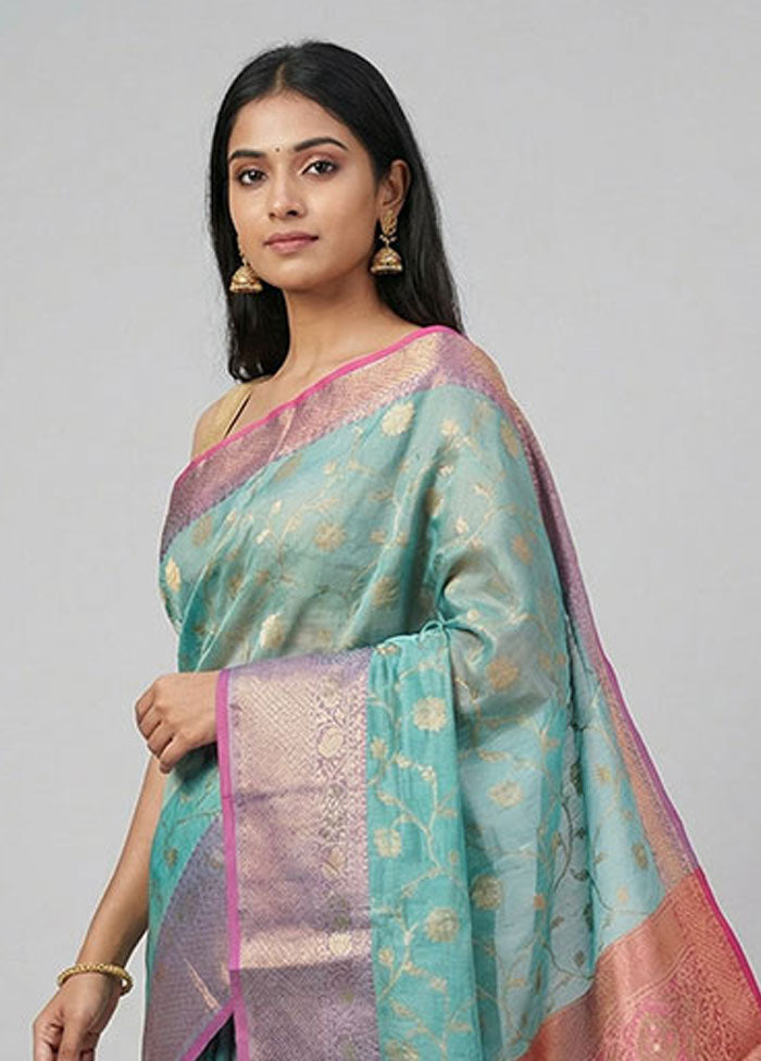 Blue Kora Silk Saree With Blouse Piece