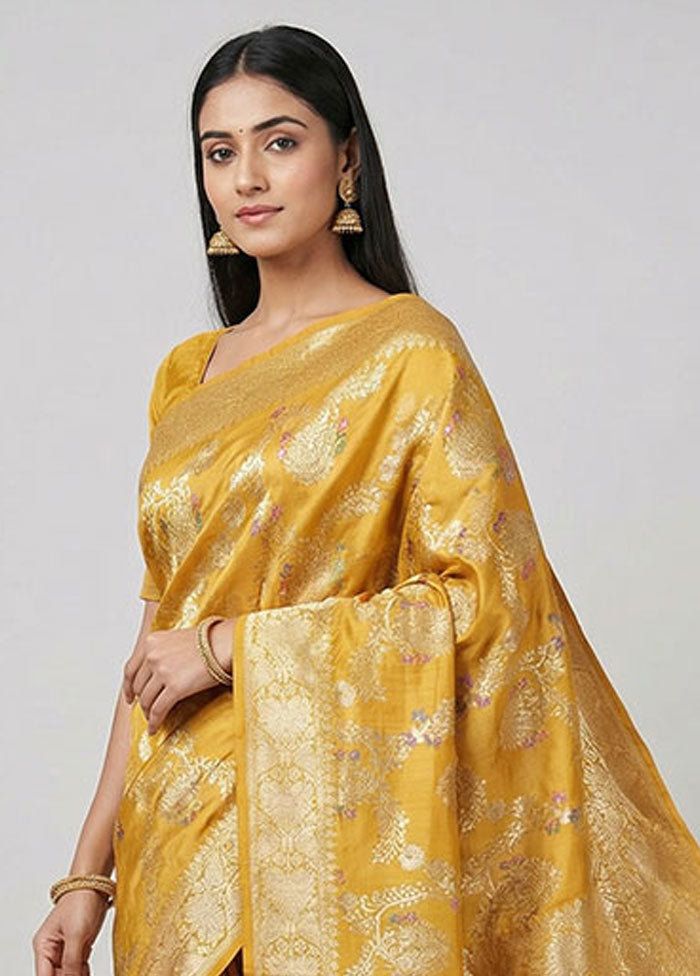 Yellow Handloom Katan Pure Silk Saree With Blouse Piece