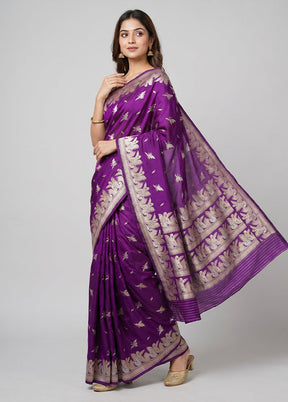 Purple Handloom Katan Pure Silk Saree With Blouse Piece