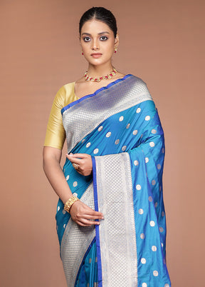 Blue Handloom Katan Pure Silk Saree With Blouse Piece
