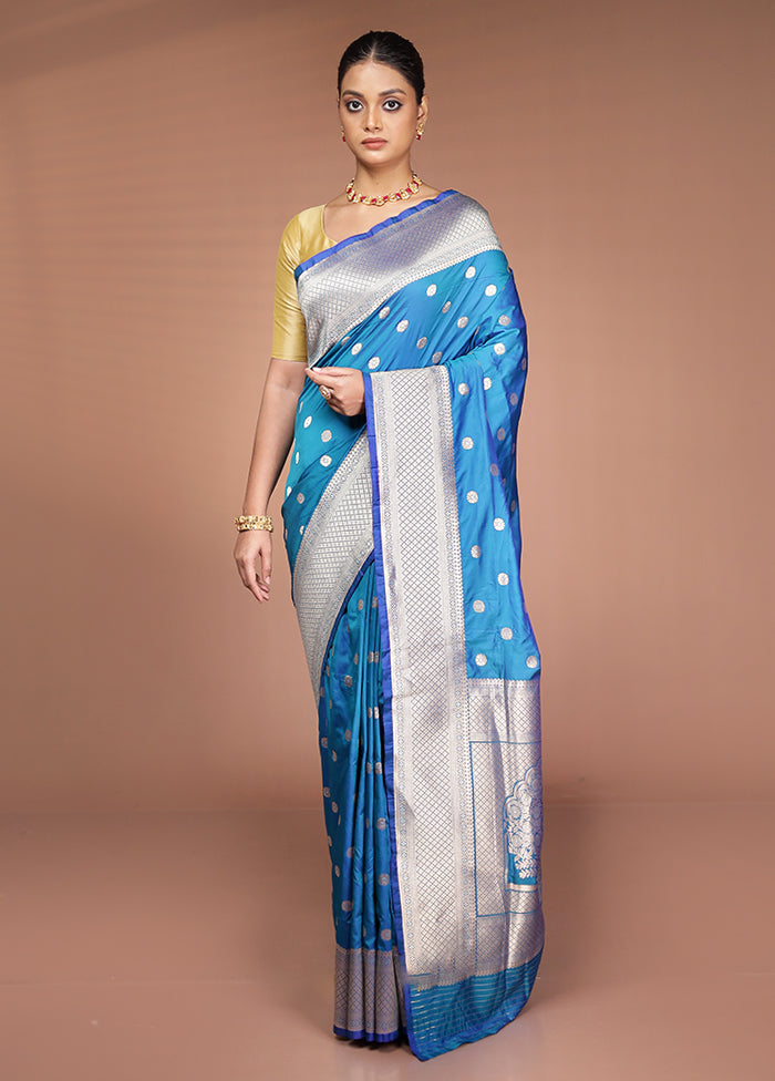 Blue Handloom Katan Pure Silk Saree With Blouse Piece