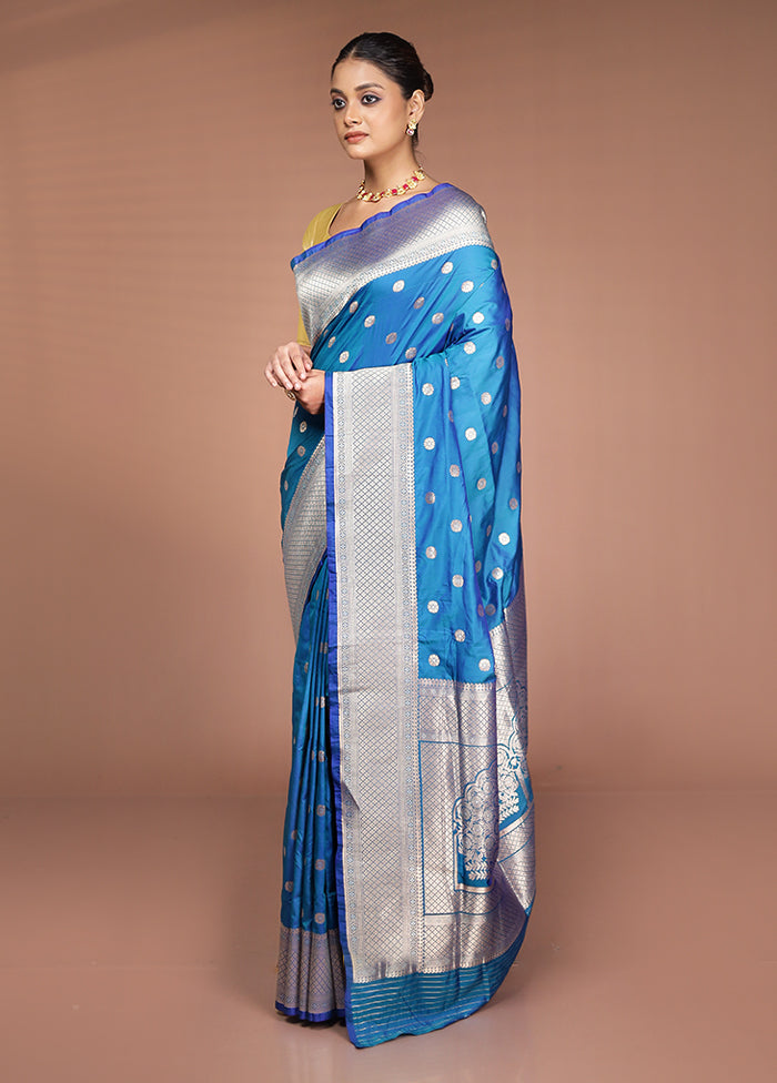 Blue Handloom Katan Pure Silk Saree With Blouse Piece