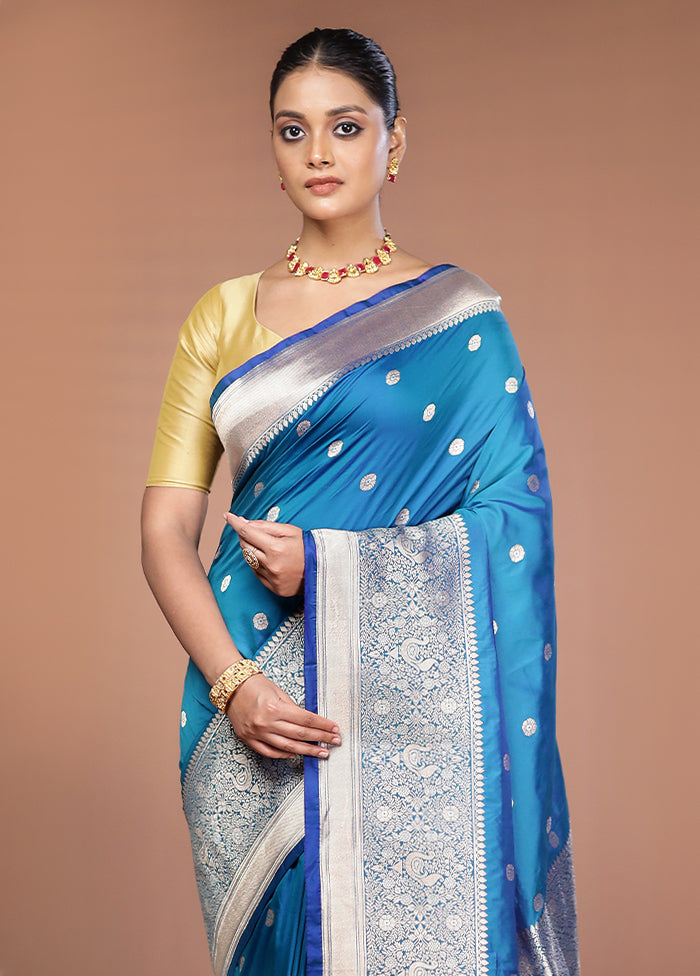 Blue Handloom Katan Pure Silk Saree With Blouse Piece