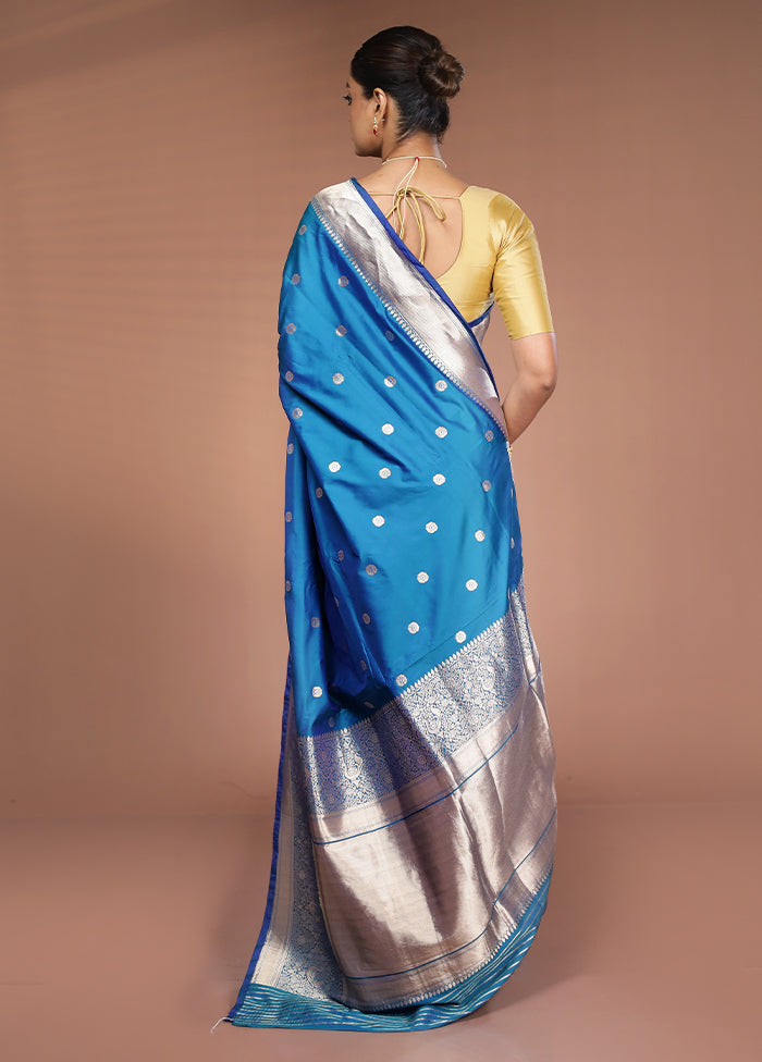Blue Handloom Katan Pure Silk Saree With Blouse Piece