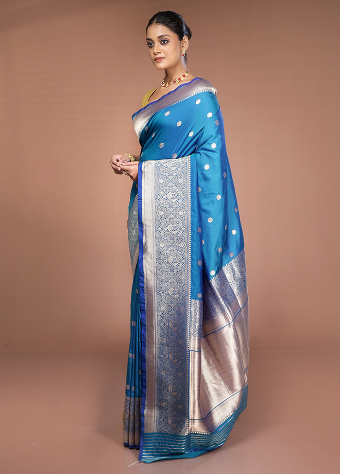 Blue Handloom Katan Pure Silk Saree With Blouse Piece