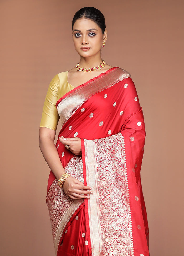 Red Handloom Katan Pure Silk Saree With Blouse Piece