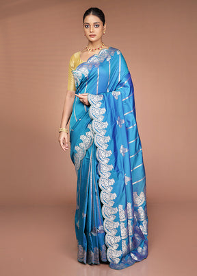 Blue Handloom Katan Pure Silk Saree With Blouse Piece