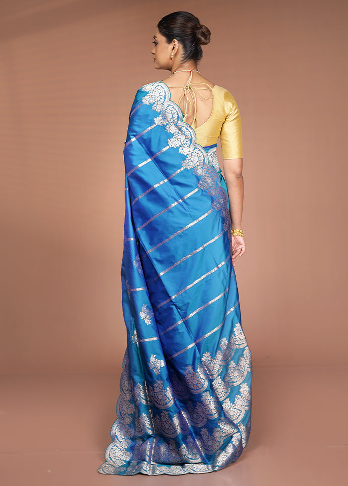 Blue Handloom Katan Pure Silk Saree With Blouse Piece