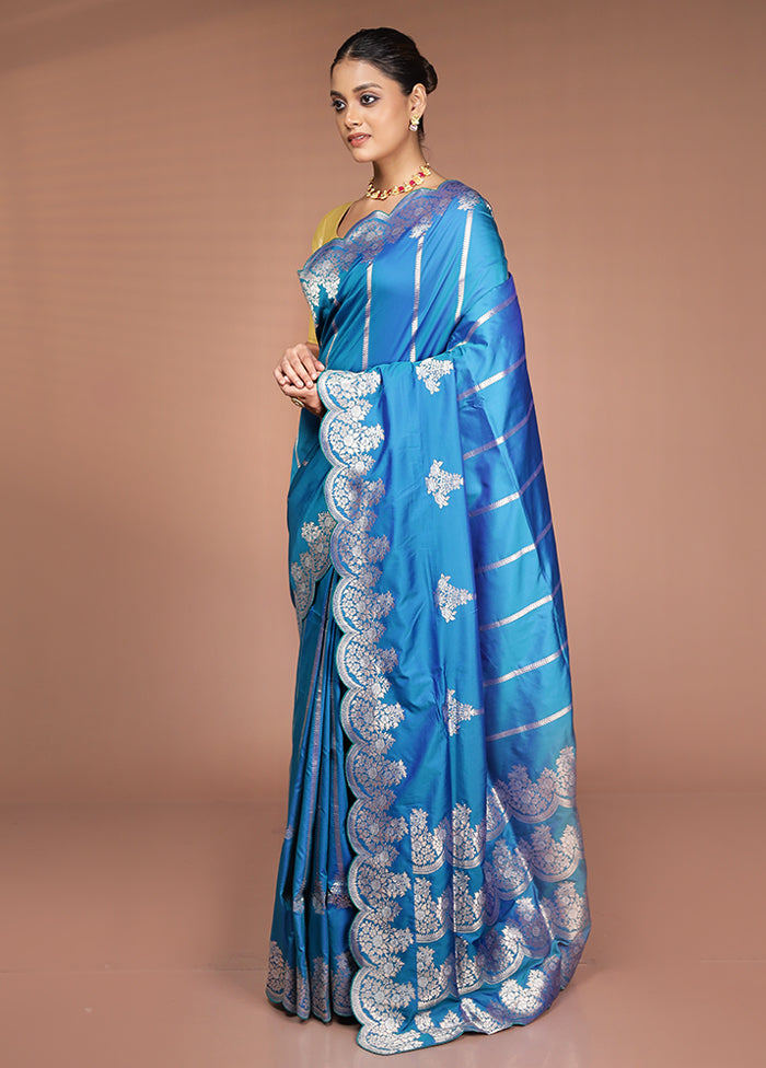 Blue Handloom Katan Pure Silk Saree With Blouse Piece