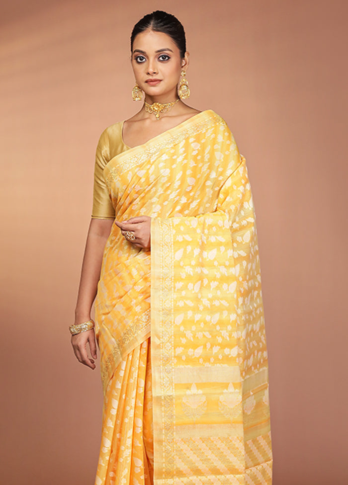 Yellow Kora Silk Saree With Blouse Piece
