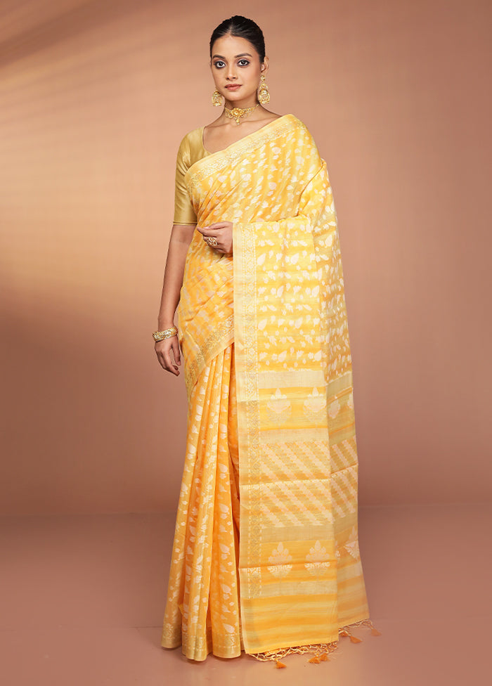 Yellow Kora Silk Saree With Blouse Piece