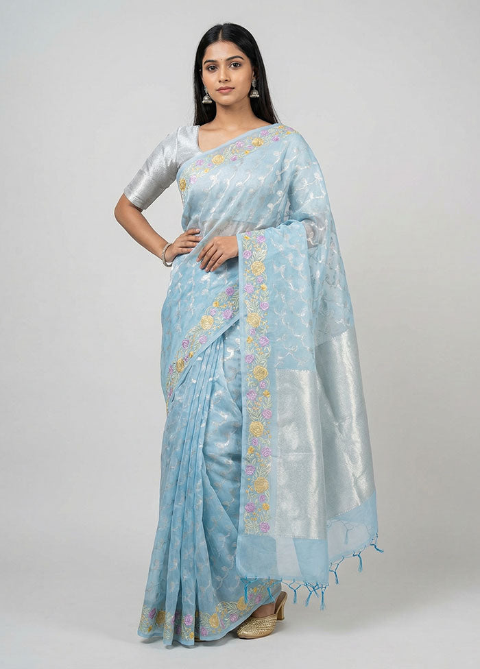 Blue Organza Saree With Blouse Piece