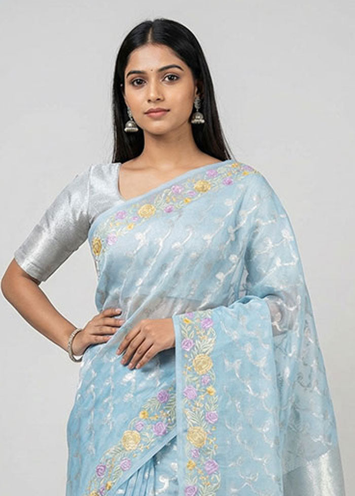 Blue Organza Saree With Blouse Piece