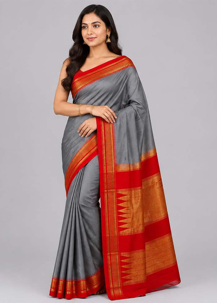 Grey Handloom Kanjivaram Pure Silk Saree With Blouse Piece