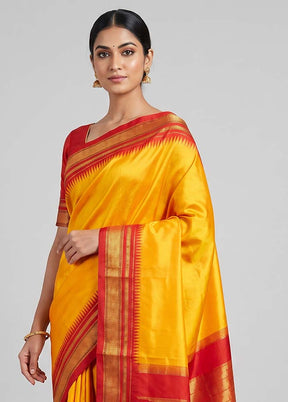 Yellow Handloom Kanjivaram Pure Silk Saree With Blouse Piece