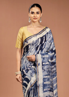 Blue Chanderi Cotton Saree With Blouse Piece