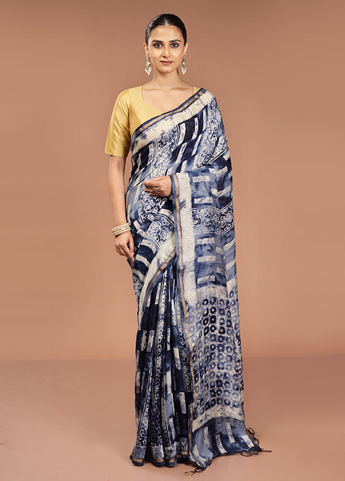 Blue Chanderi Cotton Saree With Blouse Piece