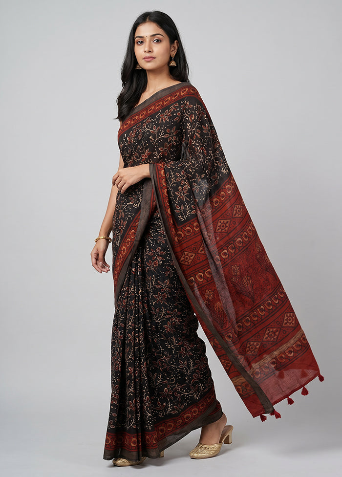 Black Chanderi Silk Saree With Blouse Piece
