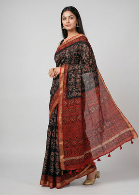 Black Chanderi Silk Saree With Blouse Piece