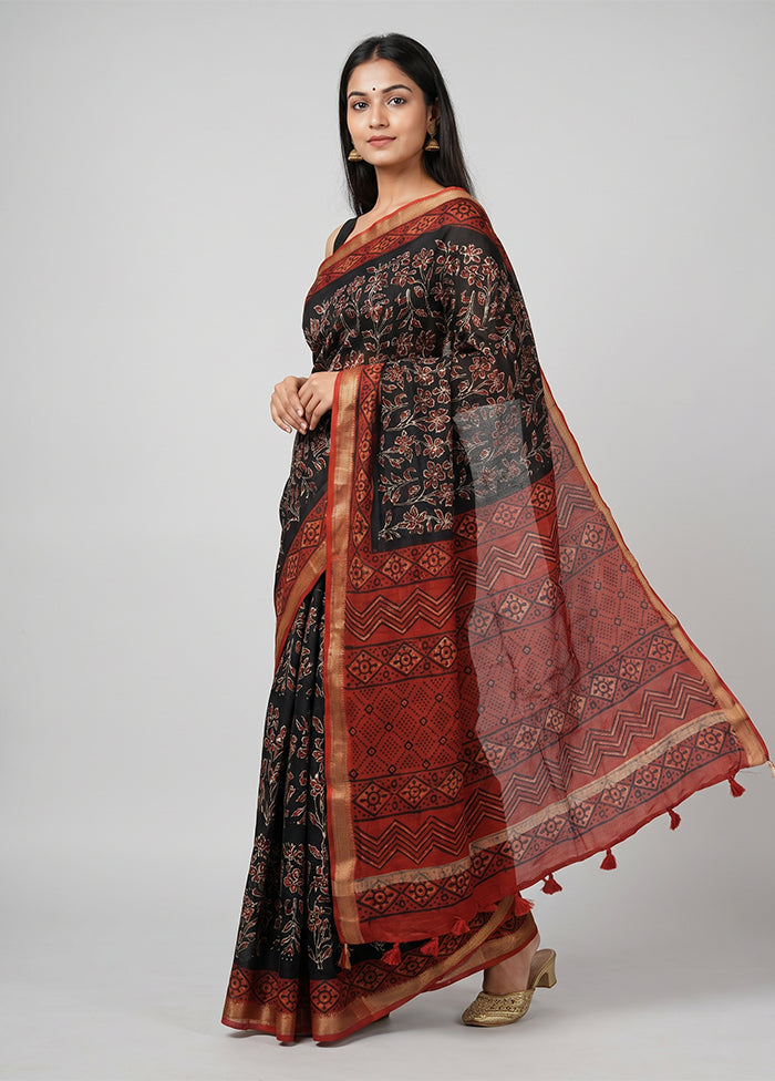 Black Chanderi Silk Saree With Blouse Piece