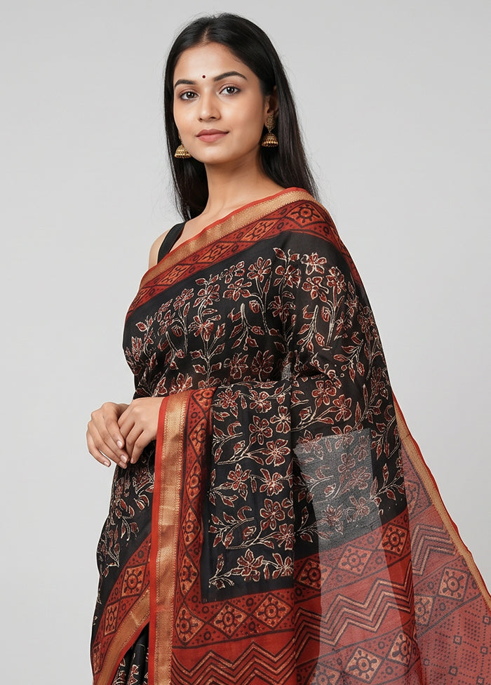 Black Chanderi Silk Saree With Blouse Piece