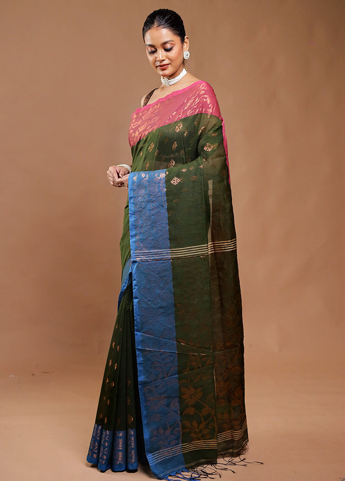 Green Cotton Saree With Blouse Piece