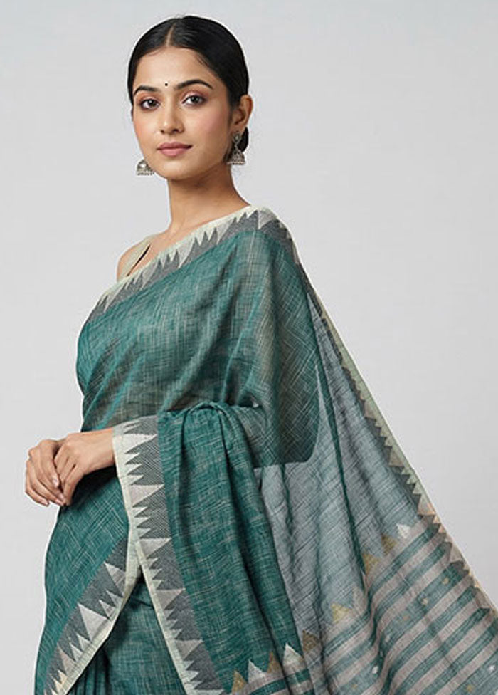 Green Khadi Cotton Saree With Blouse Piece
