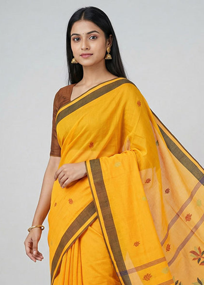 Yellow Khadi Cotton Saree With Blouse Piece