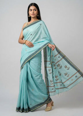 Blue Khadi Cotton Saree With Blouse Piece