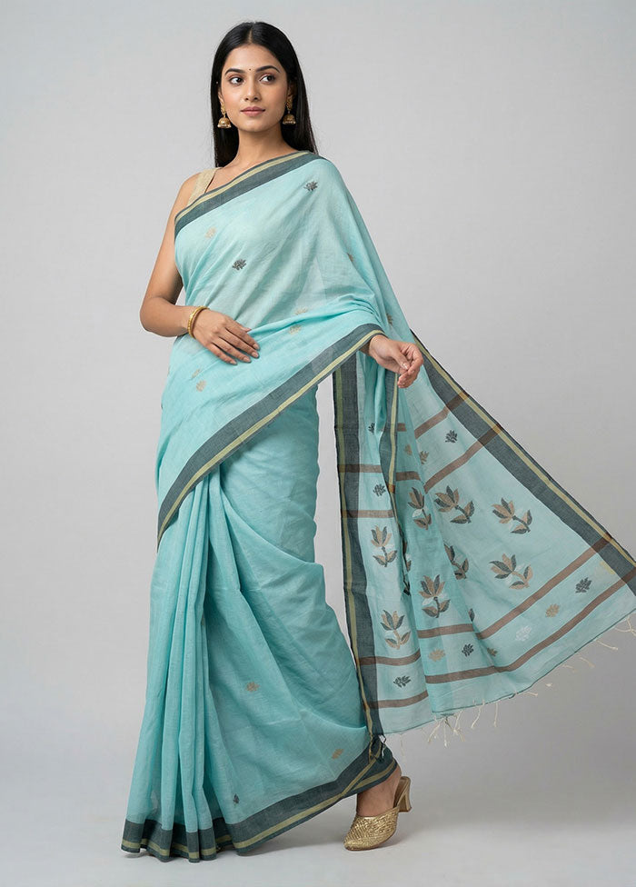 Blue Khadi Cotton Saree With Blouse Piece