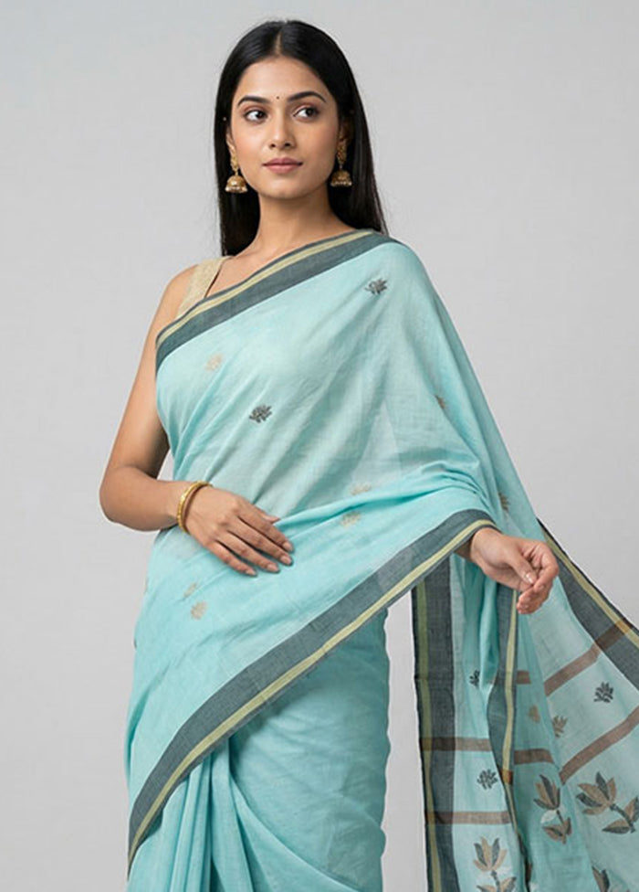 Blue Khadi Cotton Saree With Blouse Piece