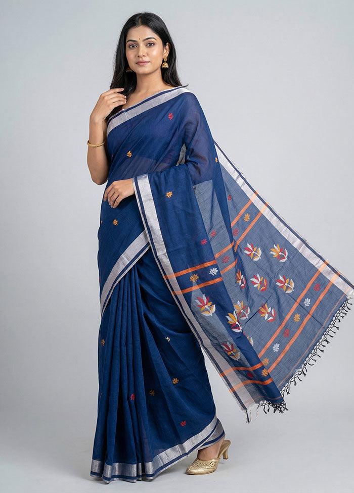 Blue Khadi Cotton Saree With Blouse Piece