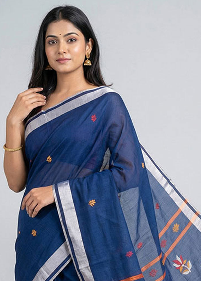 Blue Khadi Cotton Saree With Blouse Piece