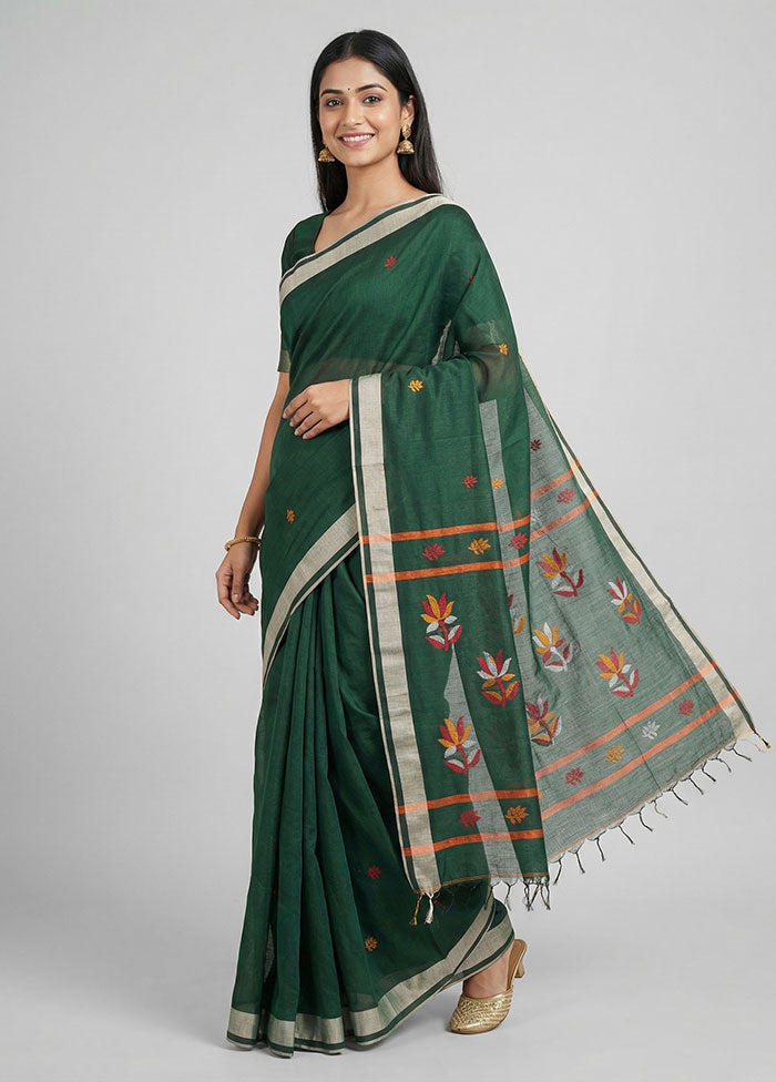 Green Khadi Cotton Saree With Blouse Piece