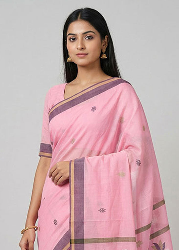 Pink Khadi Cotton Saree With Blouse Piece